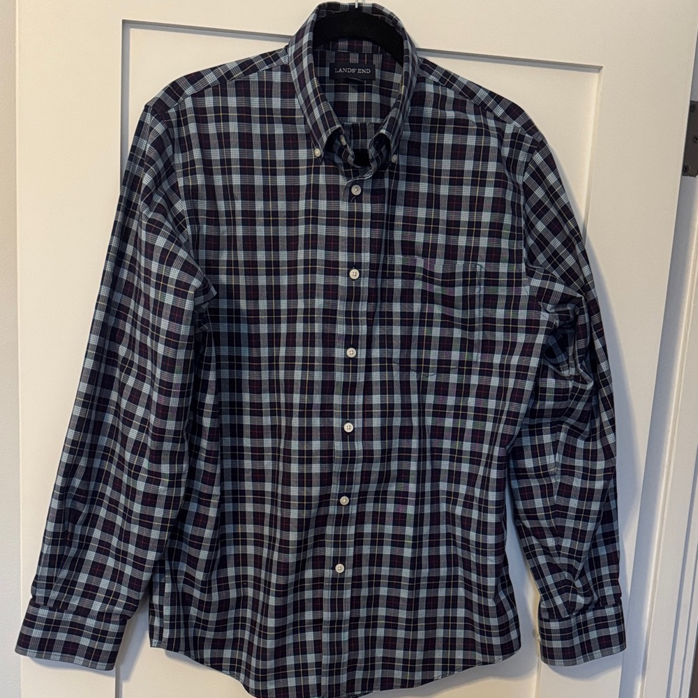 Lands' End Men's Navy and White Checkered Shirt 15-15 1/2 Traditional Fit